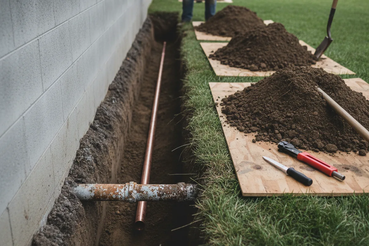 Excavated water line trench during Water Softener Installation in Lowell